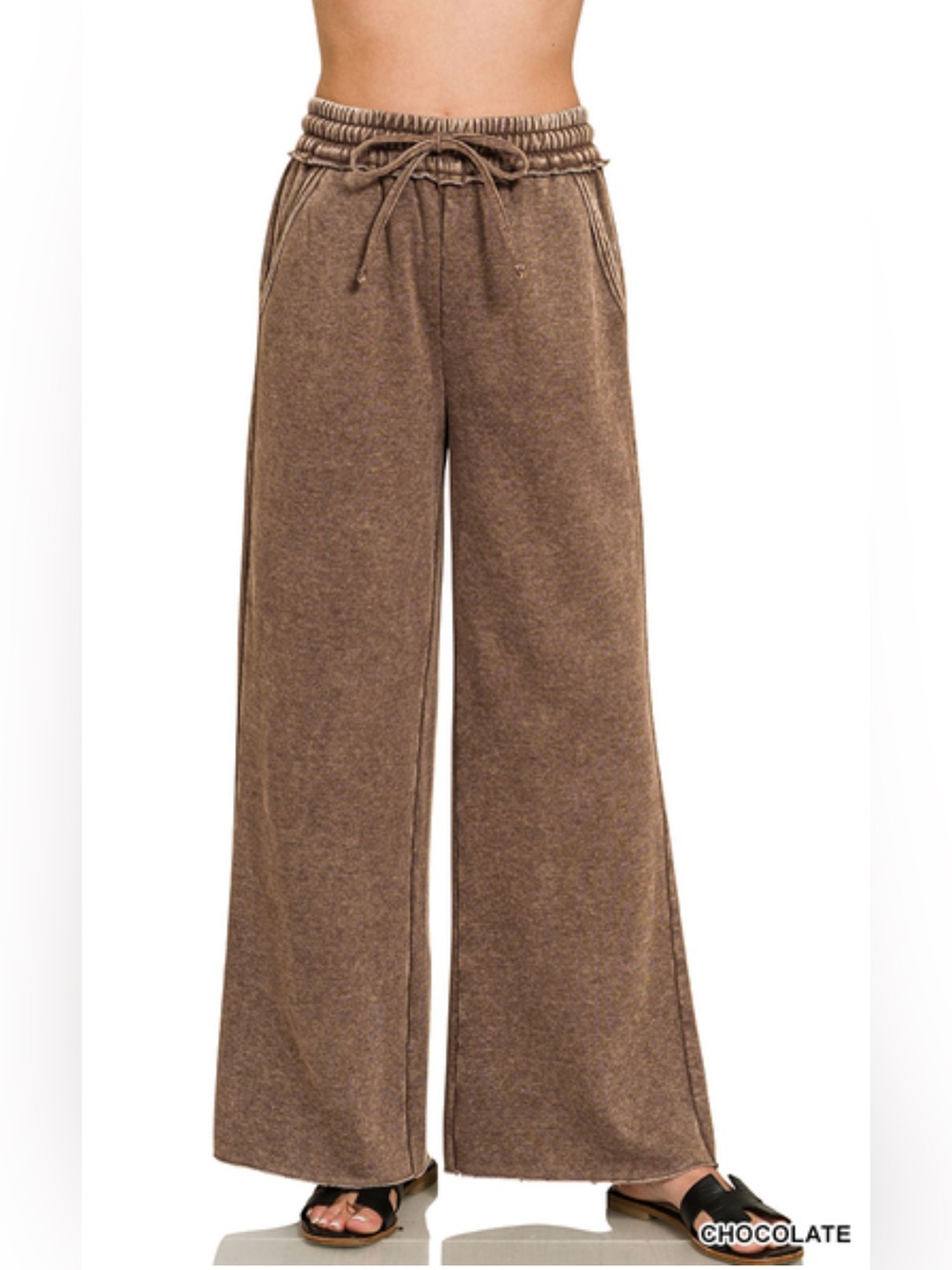 Zenana Chocolate Acid Wash Fleece Palazzo Sweatpants with Pockets